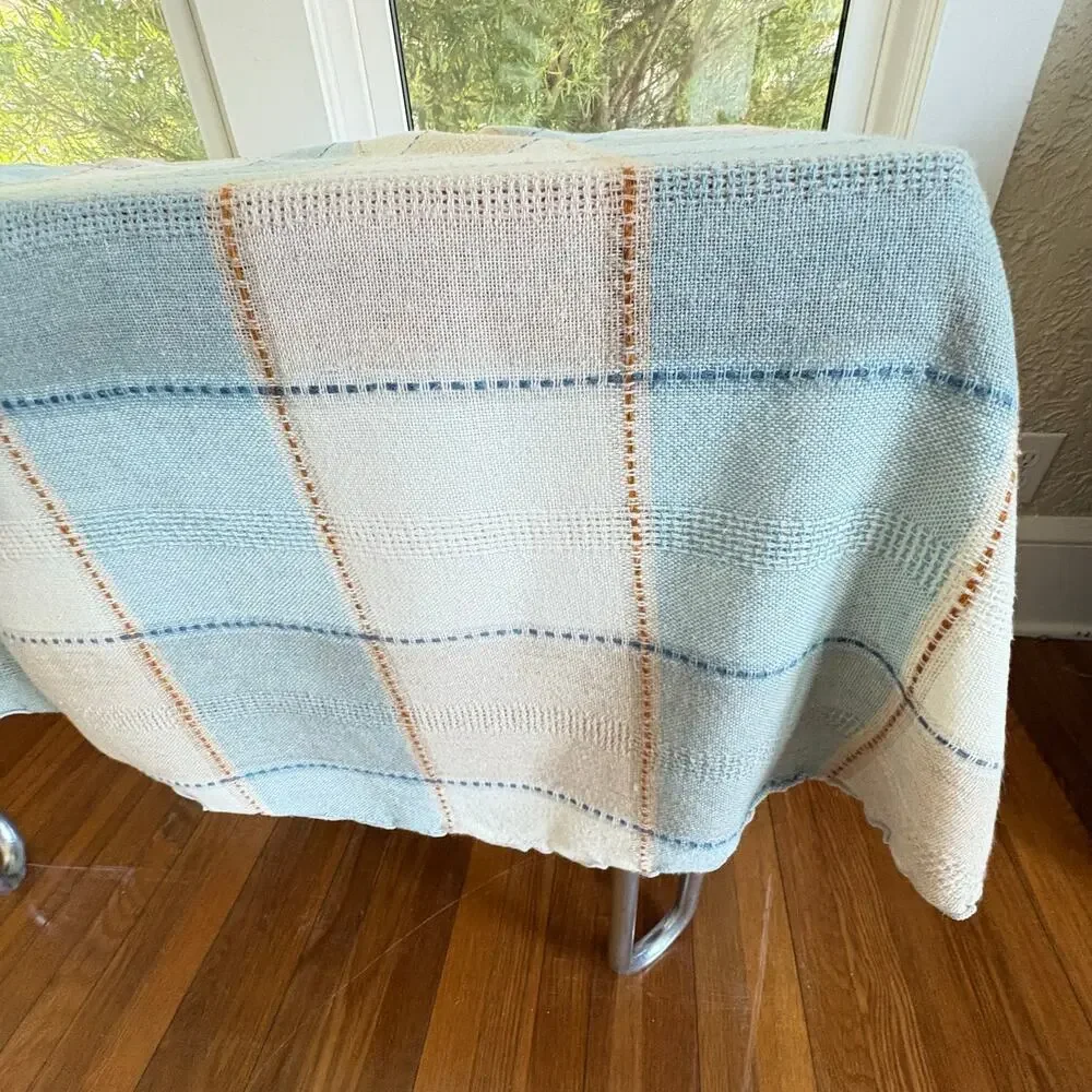 Vintage Blue Cream Plaid Round Tablecloth 64 Inch